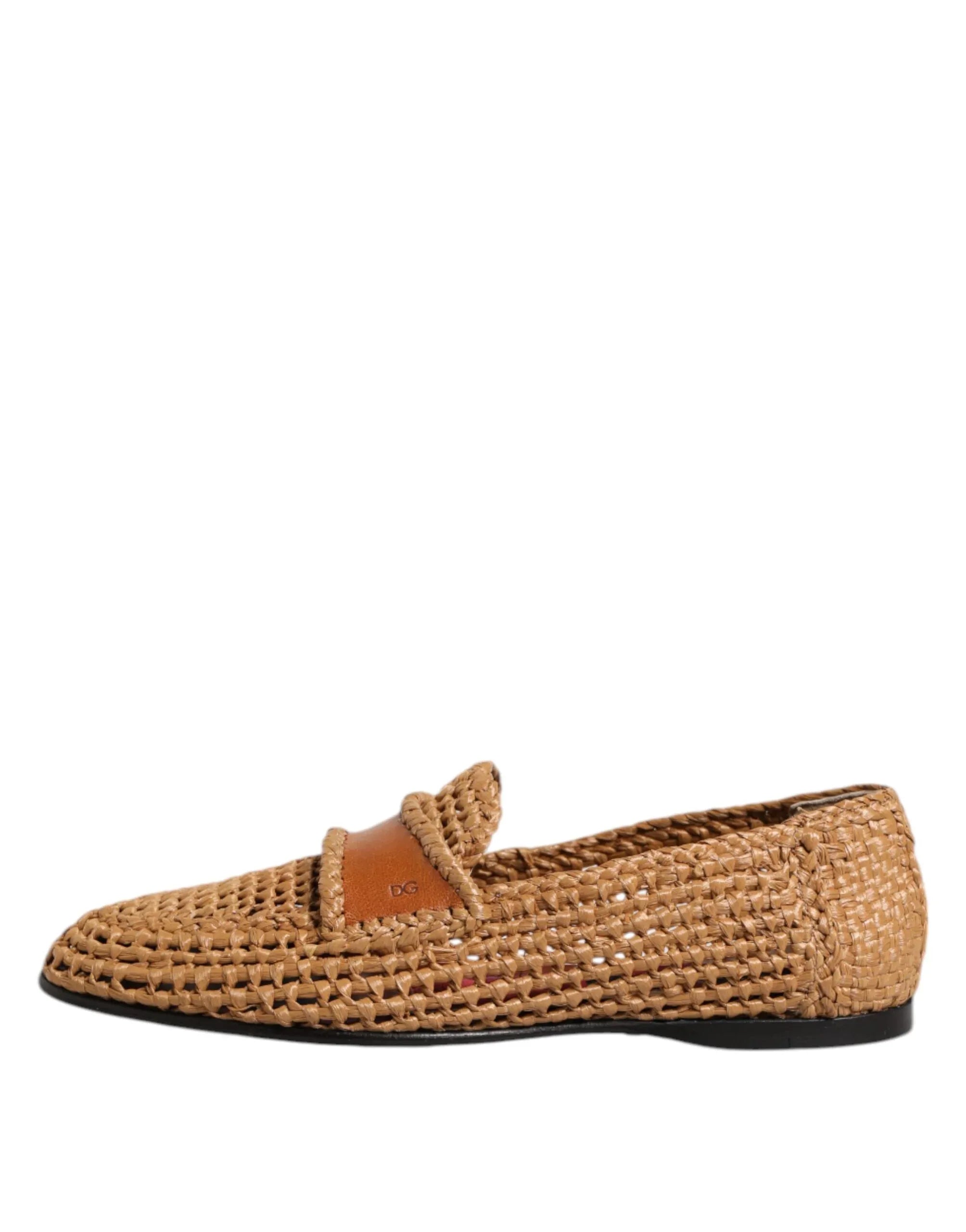 Dolce & Gabbana Brown Woven Raffia Slip On Loafers Shoes - Zeiniez