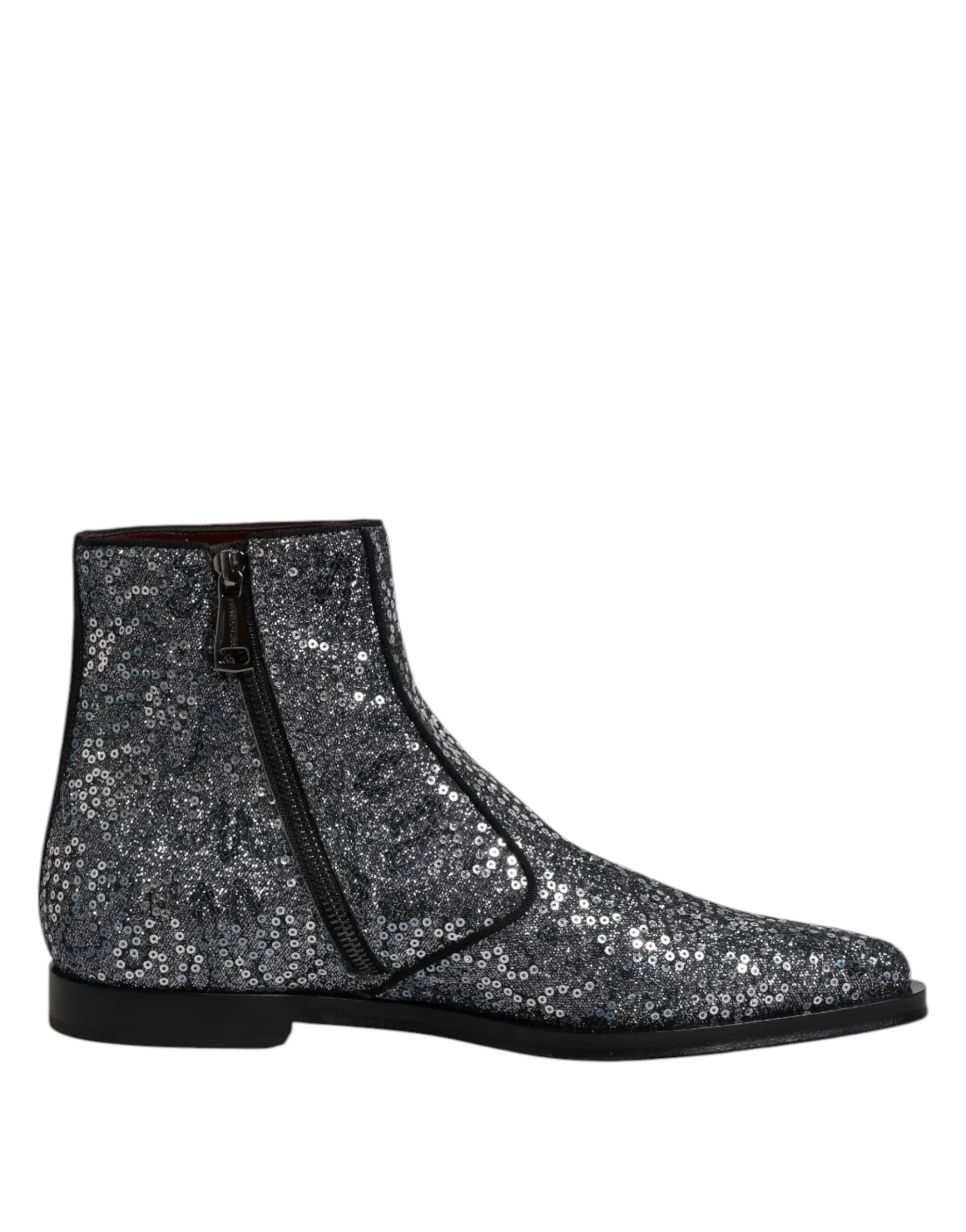 Dolce & Gabbana Dark Gray Cotton Sequined Chelsea Boots Shoes - Zeiniez