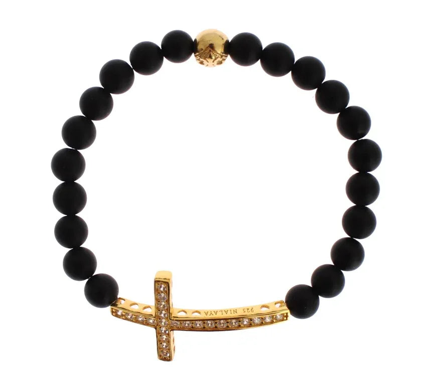Nialaya Matte Onyx Stone Gold CZ Cross 925 Silver Bracelet - Zeiniez
