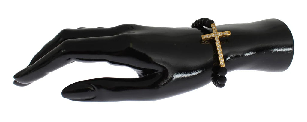 Nialaya Matte Onyx Stone Gold CZ Cross 925 Silver Bracelet - Zeiniez