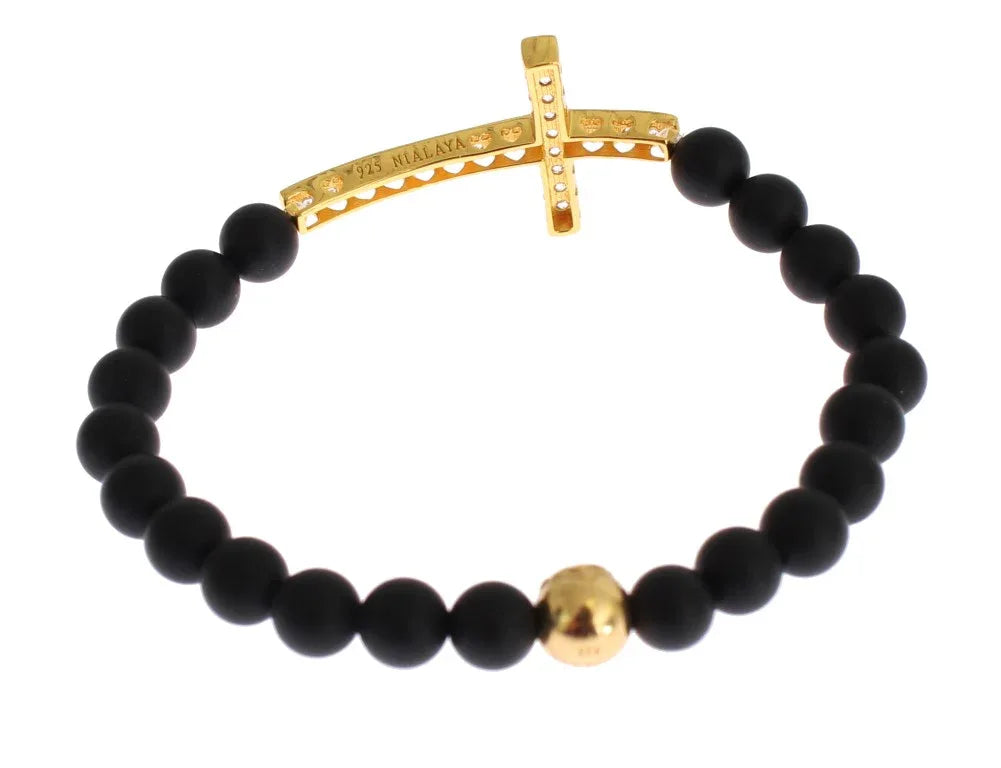 Nialaya Matte Onyx Stone Gold CZ Cross 925 Silver Bracelet - Zeiniez