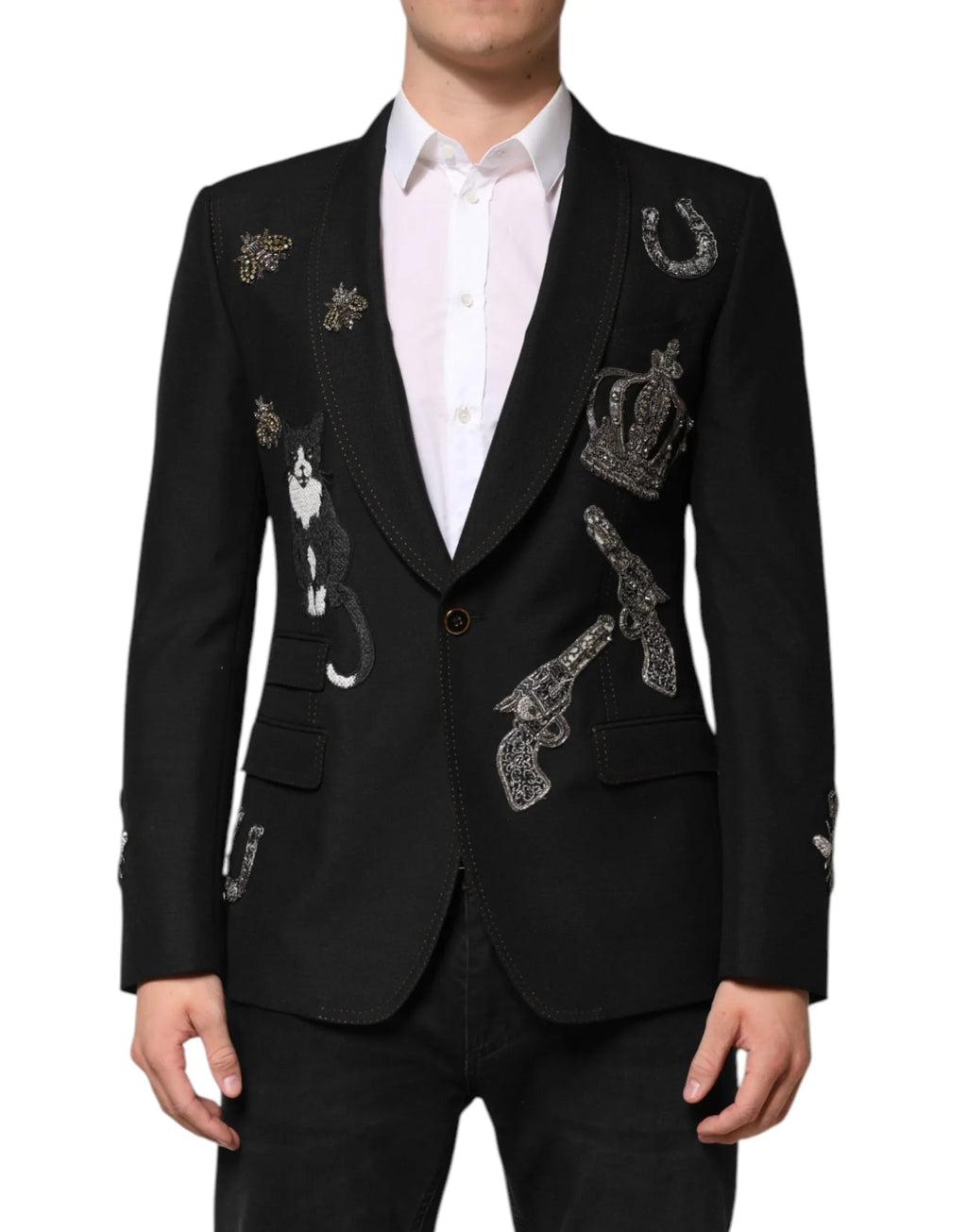 Dolce & Gabbana Black Bee Crown Embellished Suit Coat Blazer - Zeiniez