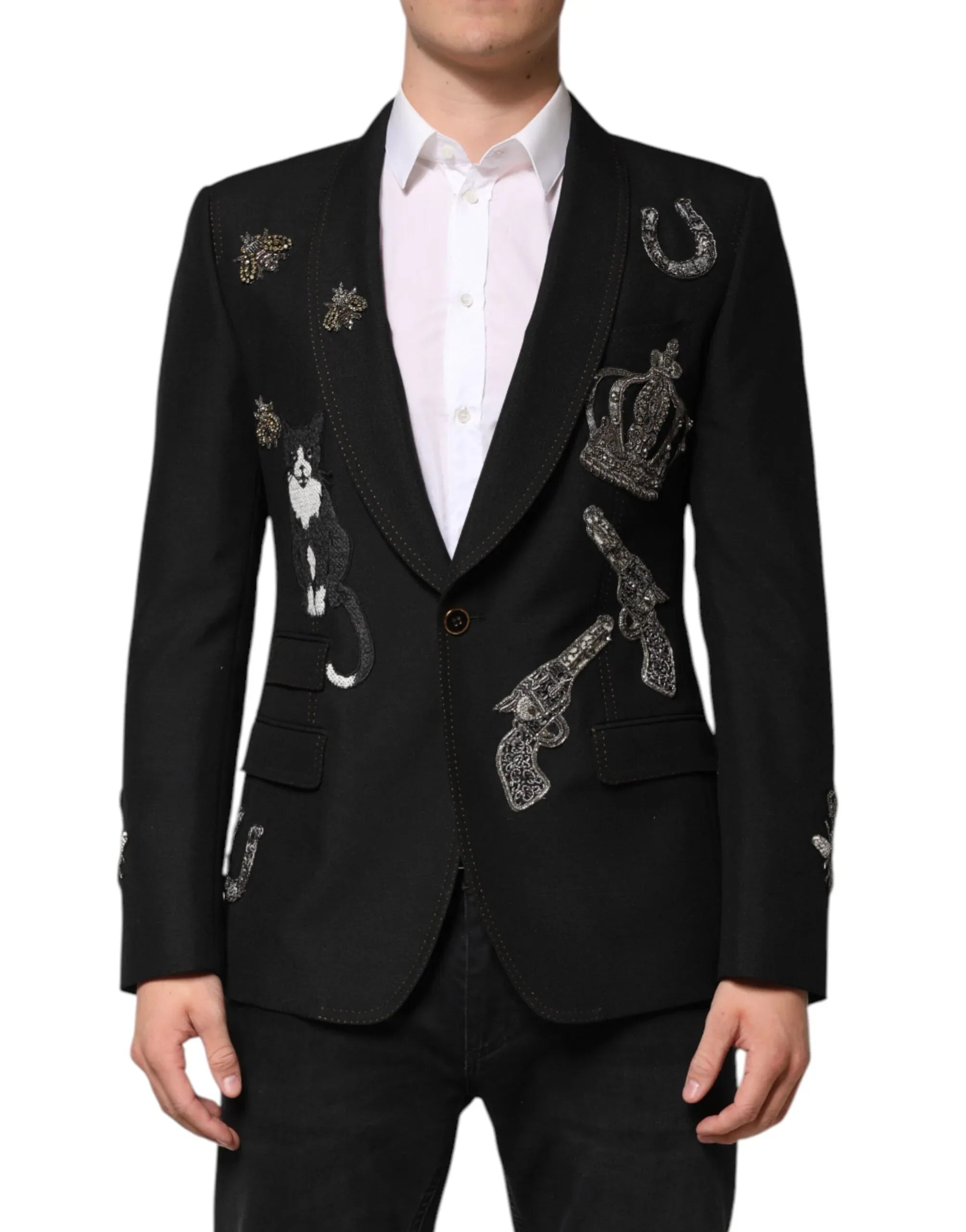Dolce & Gabbana Black Bee Crown Embellished Suit Coat Blazer - Zeiniez