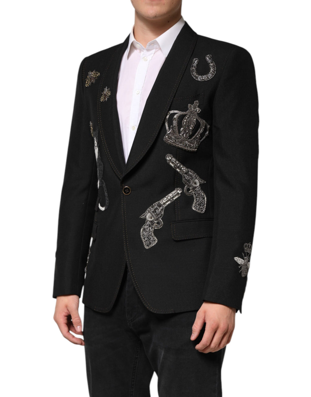 Dolce & Gabbana Black Bee Crown Embellished Suit Coat Blazer