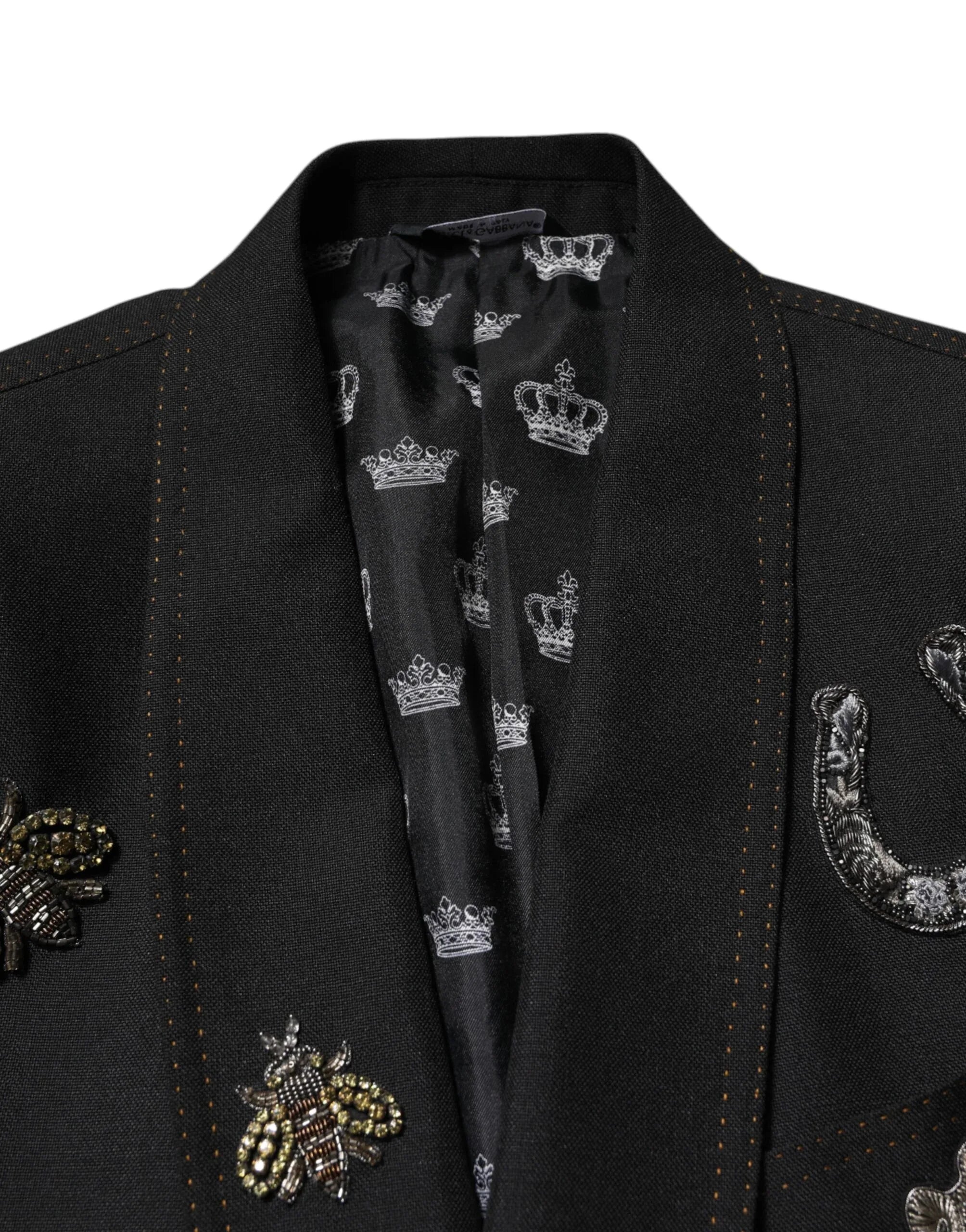Dolce & Gabbana Black Bee Crown Embellished Suit Coat Blazer - Zeiniez