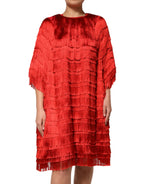 Dolce & Gabbana Red Silk Tiers Fringe Shift Knee Length Dress - Zeiniez
