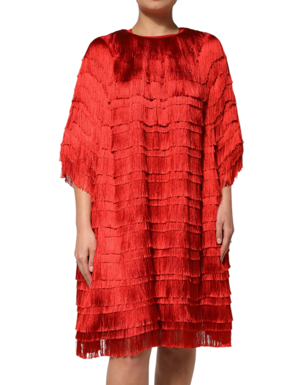 Dolce & Gabbana Red Silk Tiers Fringe Shift Knee Length Dress - Zeiniez