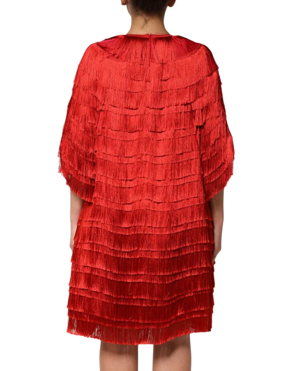 Dolce & Gabbana Red Silk Tiers Fringe Shift Knee Length Dress - Zeiniez