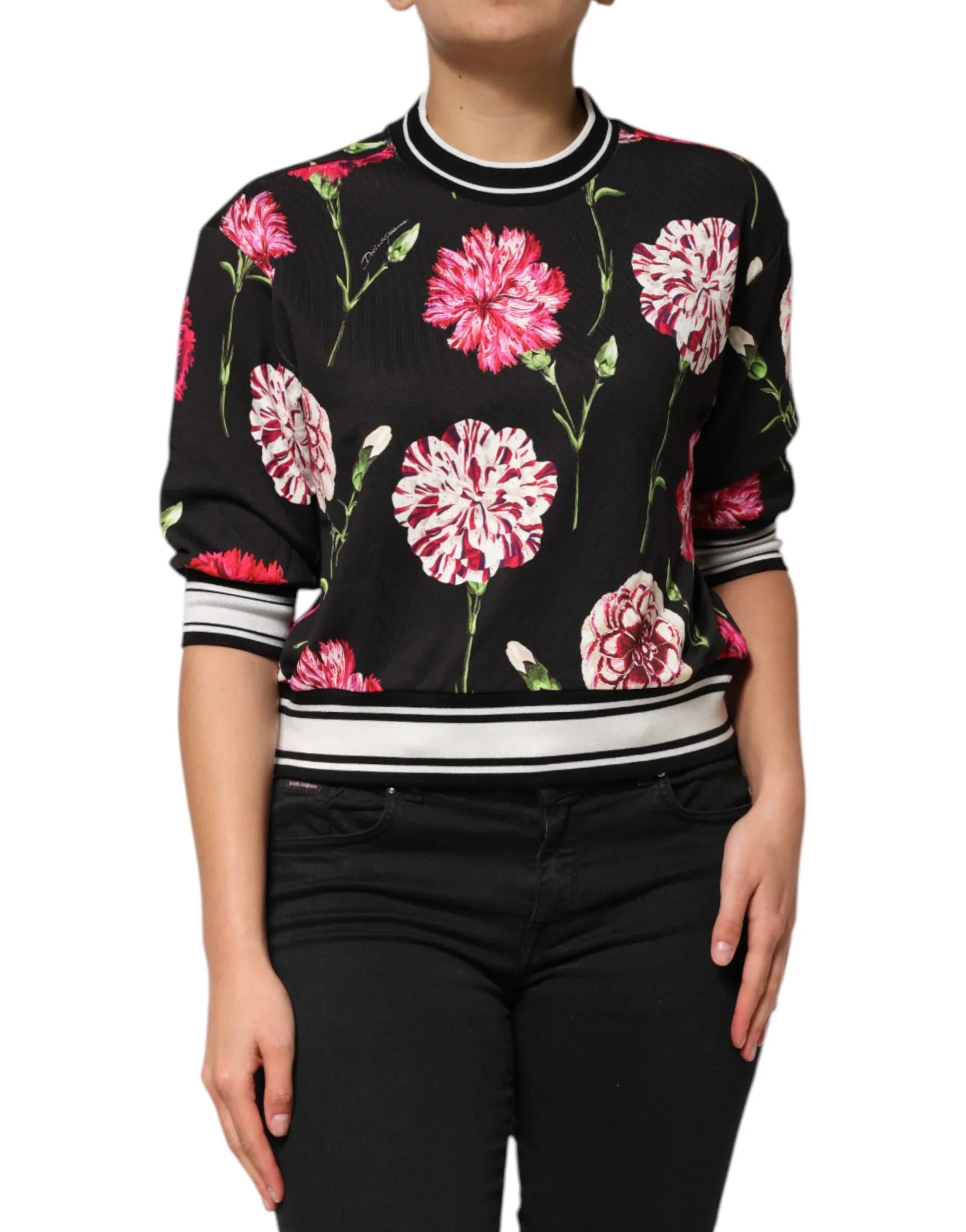 Dolce & Gabbana Black Floral Print Cotton Short Sleeves Top - Zeiniez