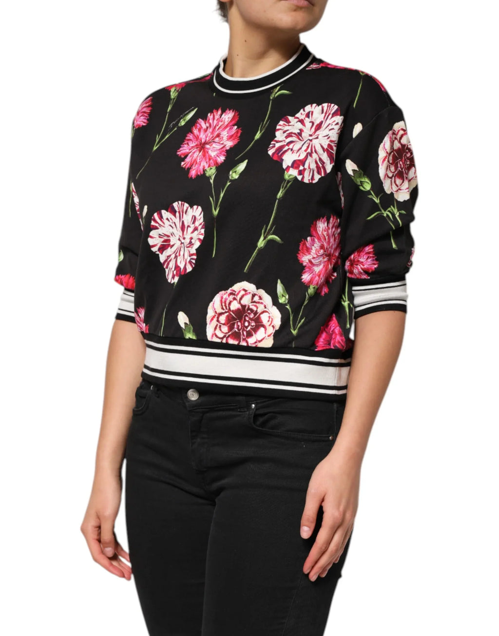 Dolce & Gabbana Black Floral Print Cotton Short Sleeves Top - Zeiniez