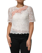 Dolce & Gabbana White Floral Lace Short Sleeves Blouse Top - Zeiniez