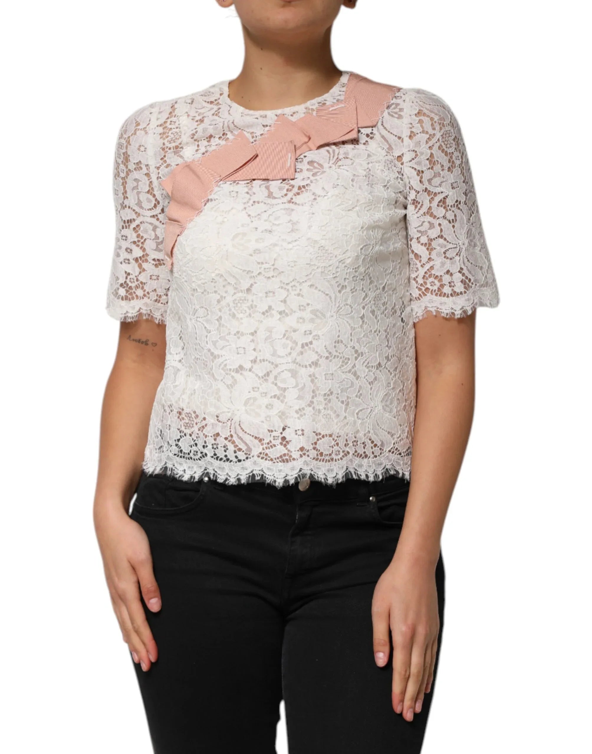 Dolce & Gabbana White Floral Lace Short Sleeves Blouse Top - Zeiniez