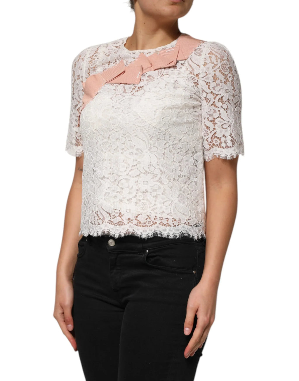 Dolce & Gabbana White Floral Lace Short Sleeves Blouse Top - Zeiniez