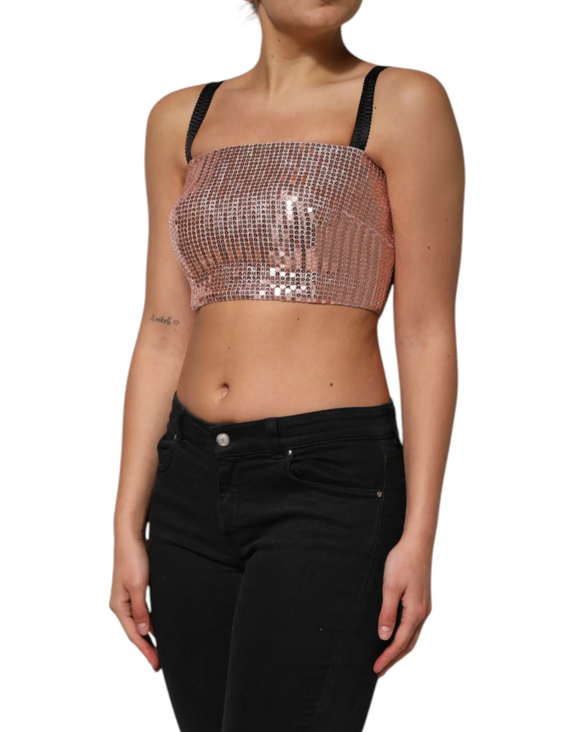 Dolce & Gabbana Pink Sequined Nylon Sleeveless Cropped Top - Zeiniez