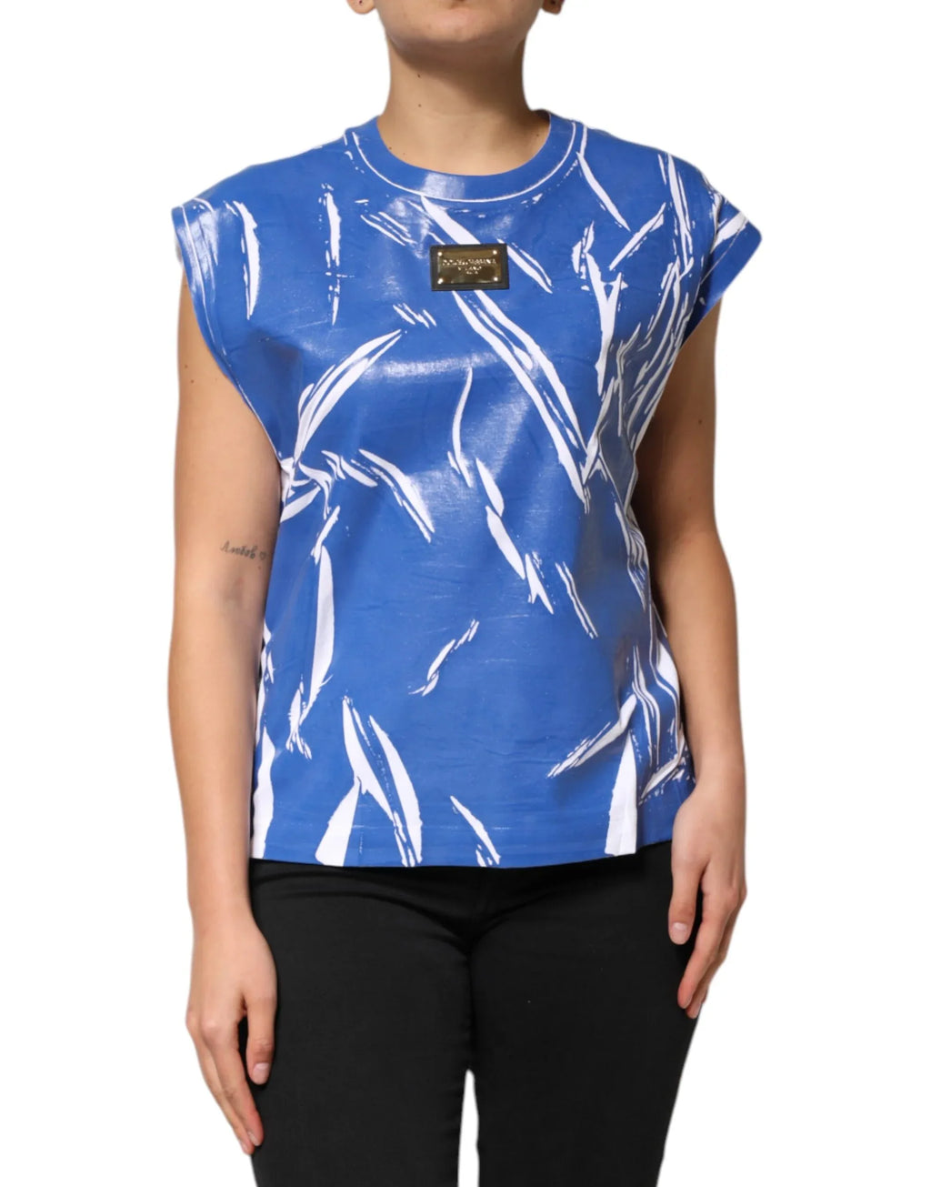 Dolce & Gabbana Blue White Cotton Logo Plaque Women Tank Top - Zeiniez