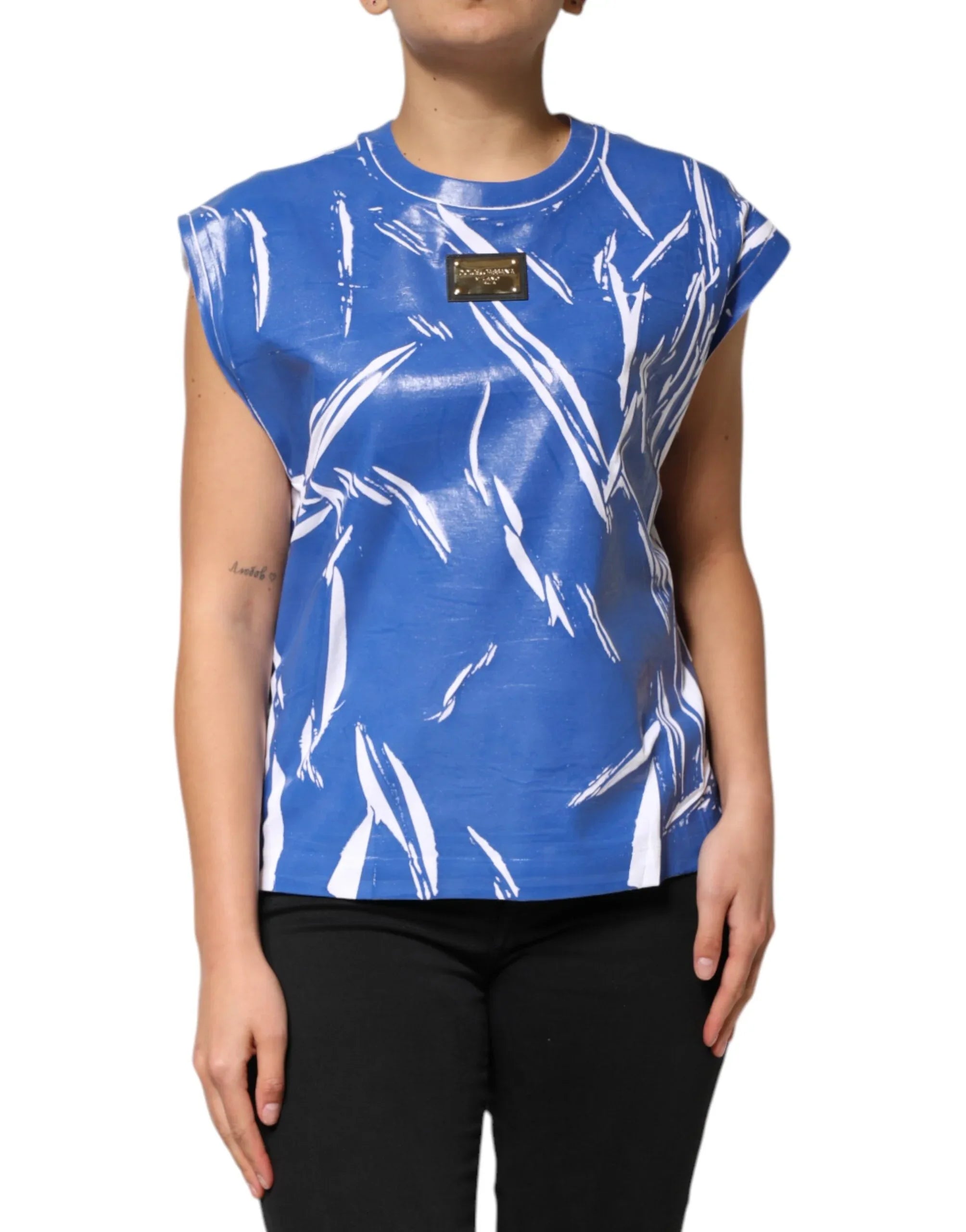 Dolce & Gabbana Blue White Cotton Logo Plaque Women Tank Top - Zeiniez