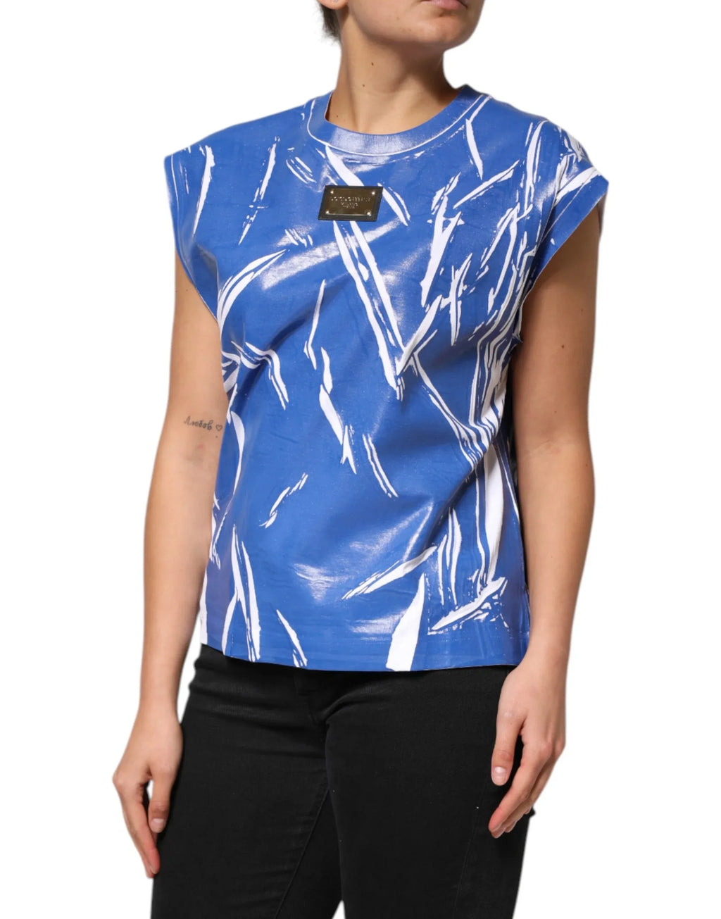 Dolce & Gabbana Blue White Cotton Logo Plaque Women Tank Top - Zeiniez