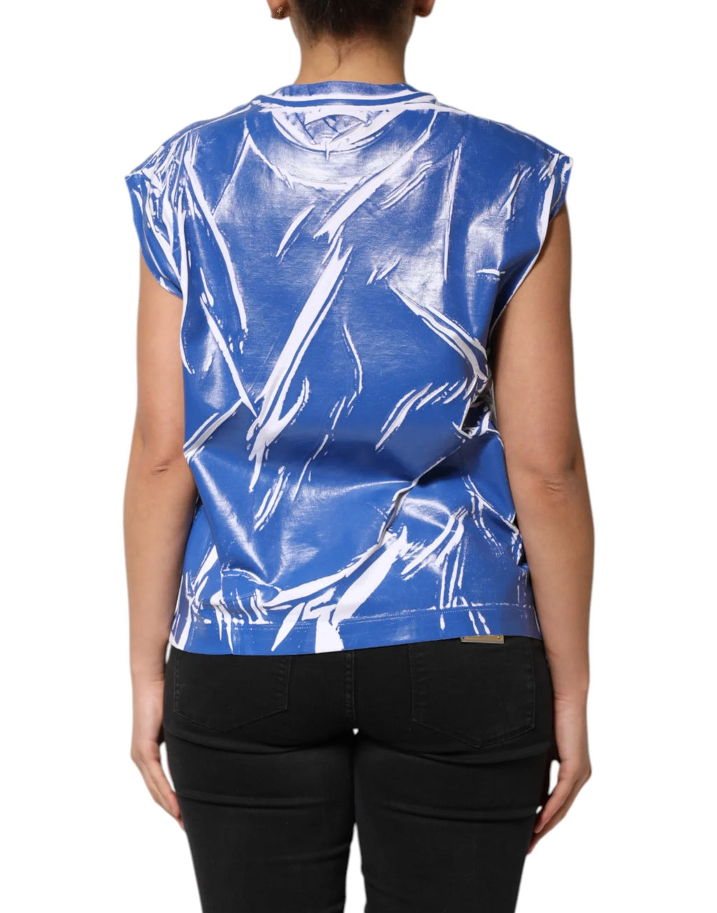 Dolce & Gabbana Blue White Cotton Logo Plaque Women Tank Top - Zeiniez