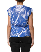 Dolce & Gabbana Blue White Cotton Logo Plaque Women Tank Top - Zeiniez