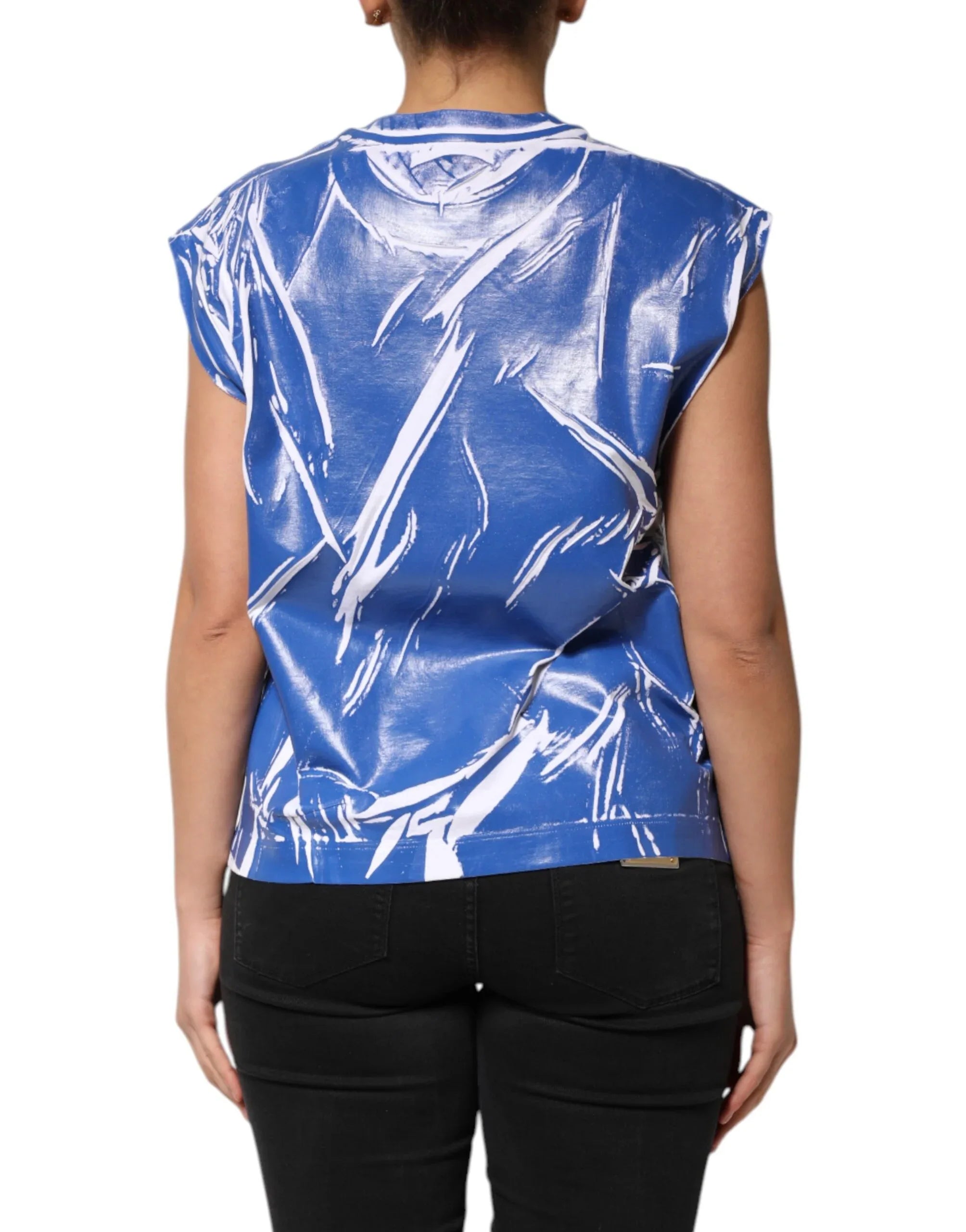Dolce & Gabbana Blue White Cotton Logo Plaque Women Tank Top - Zeiniez
