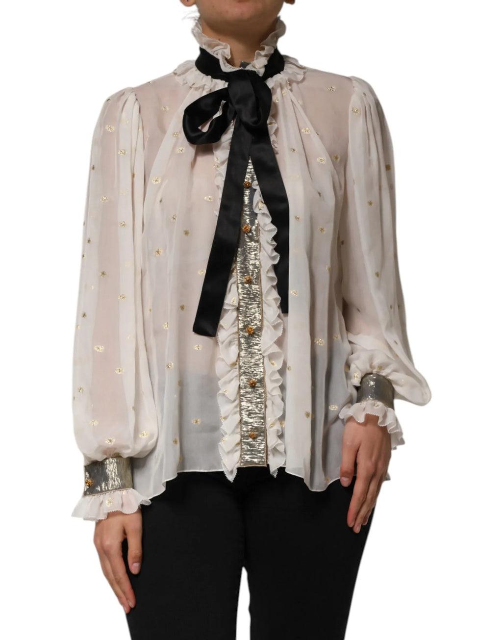 Dolce & Gabbana White Black Silk Long Sleeve Ascot Collar Top - Zeiniez