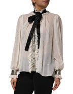 Dolce & Gabbana White Black Silk Long Sleeve Ascot Collar Top - Zeiniez