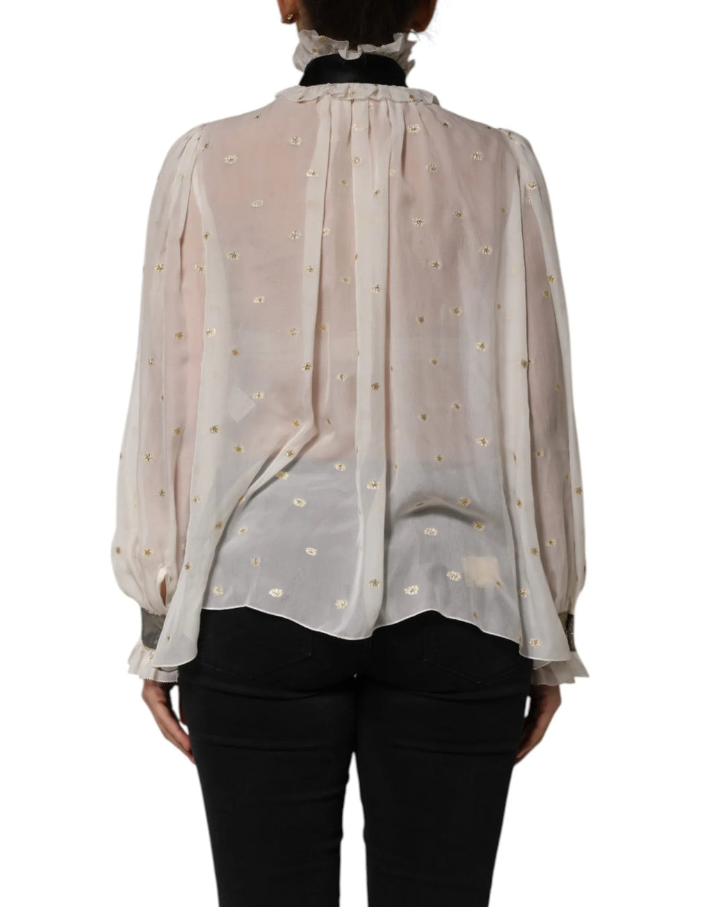 Dolce & Gabbana White Black Silk Long Sleeve Ascot Collar Top - Zeiniez