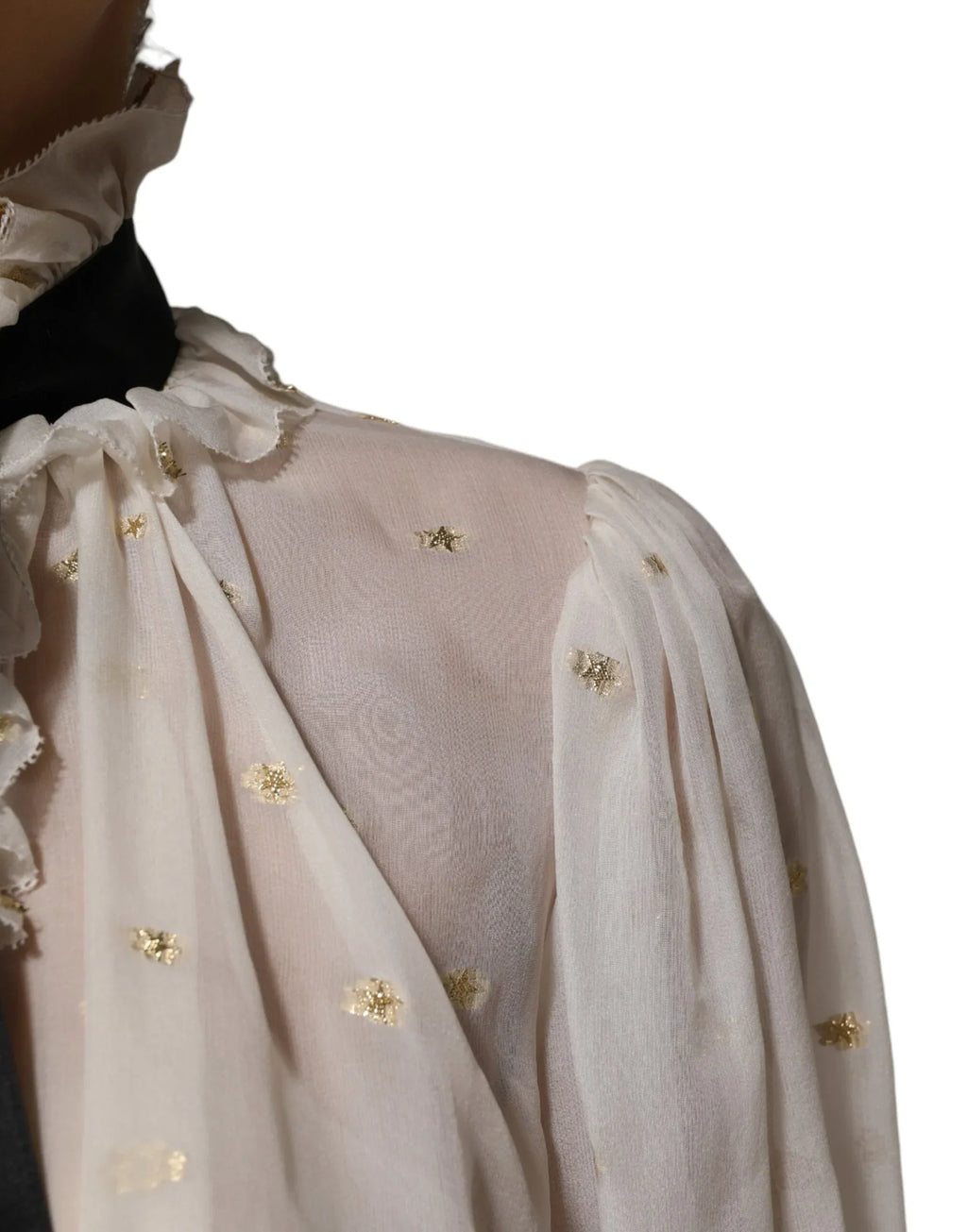 Dolce & Gabbana White Black Silk Long Sleeve Ascot Collar Top - Zeiniez