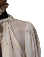 Dolce & Gabbana White Black Silk Long Sleeve Ascot Collar Top - Zeiniez