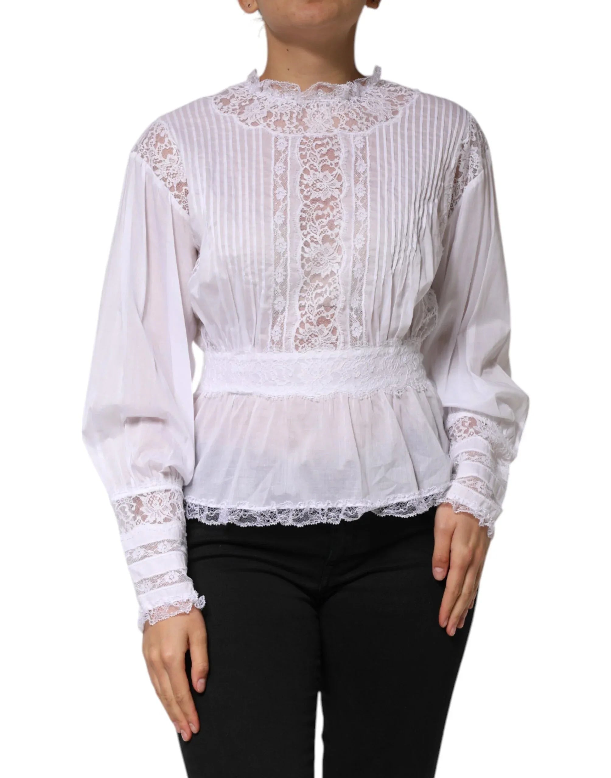Dolce & Gabbana White Cotton Floral Lace Long Sleeves Top - Zeiniez