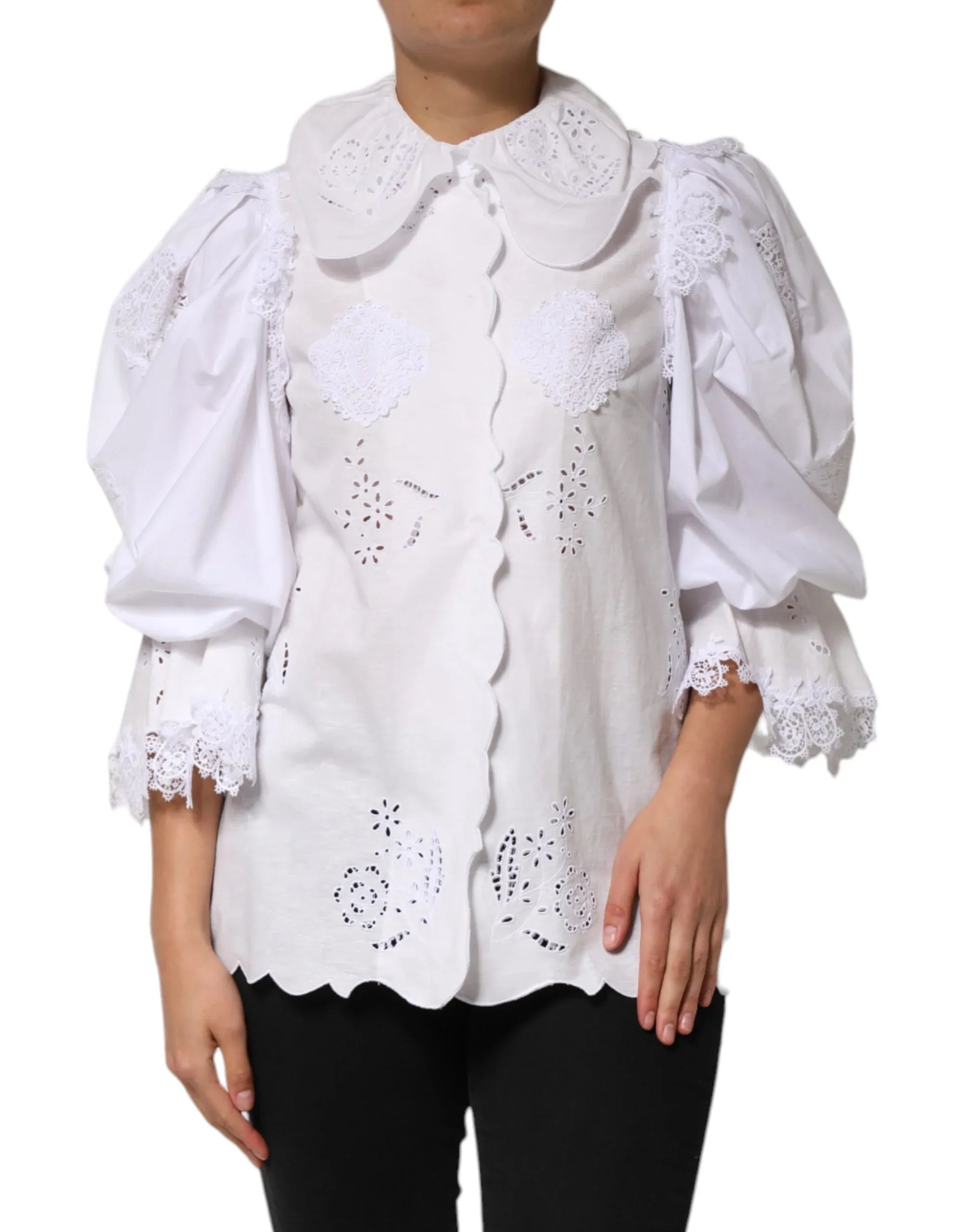 Dolce & Gabbana White Ruffled Lace Embellished Blouse Top - Zeiniez