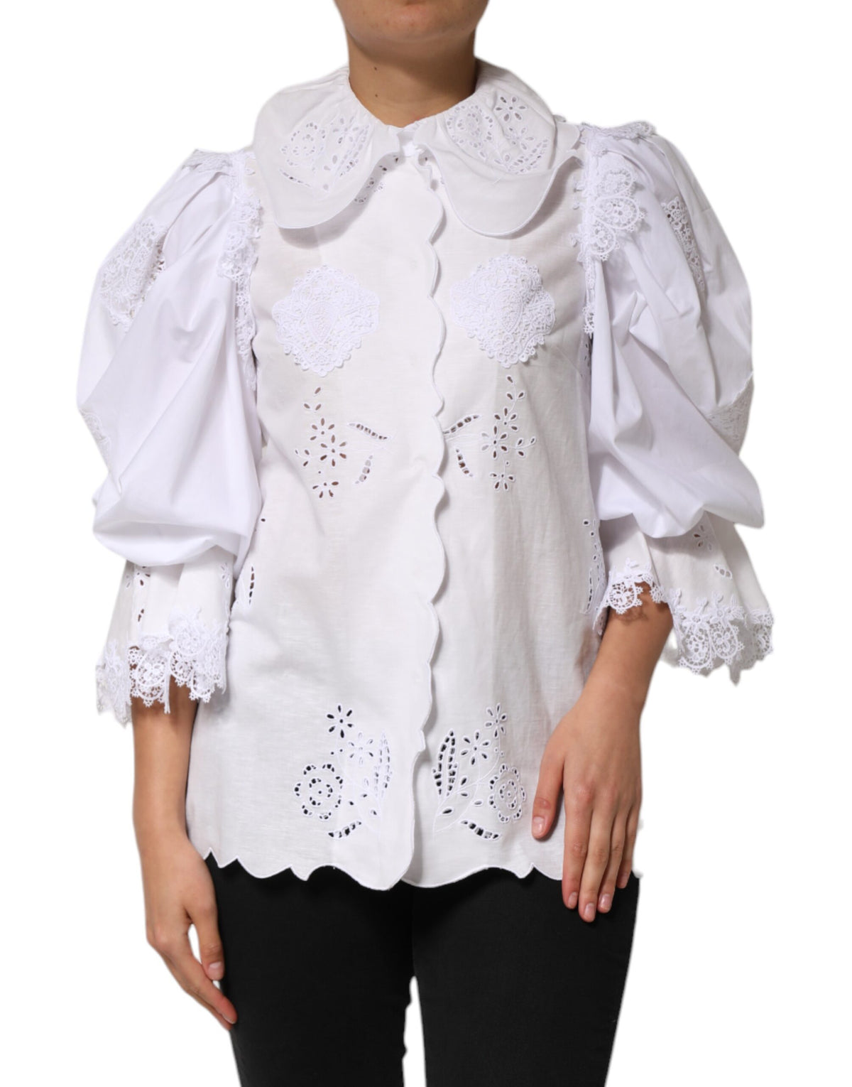 Dolce & Gabbana White Ruffled Lace Embellished Blouse Top