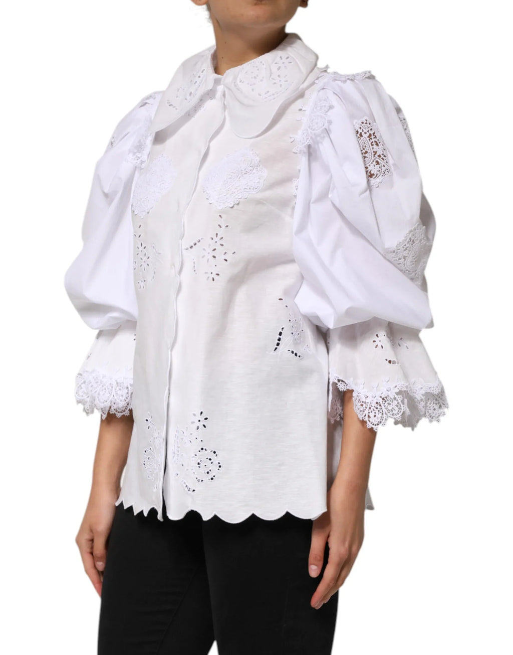 Dolce & Gabbana White Ruffled Lace Embellished Blouse Top - Zeiniez