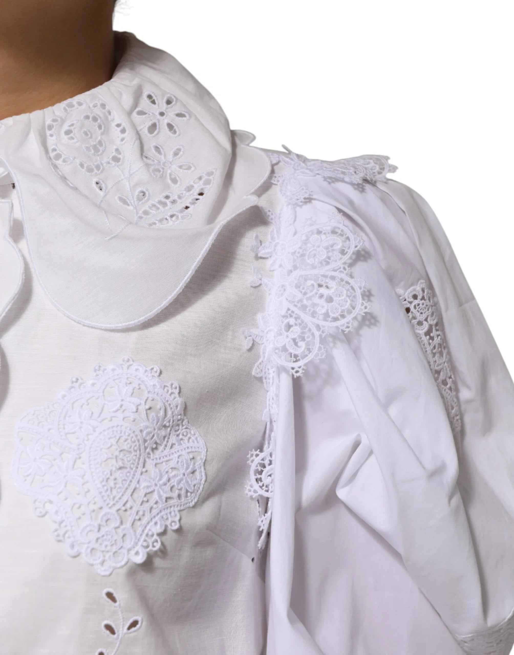 Dolce & Gabbana White Ruffled Lace Embellished Blouse Top - Zeiniez