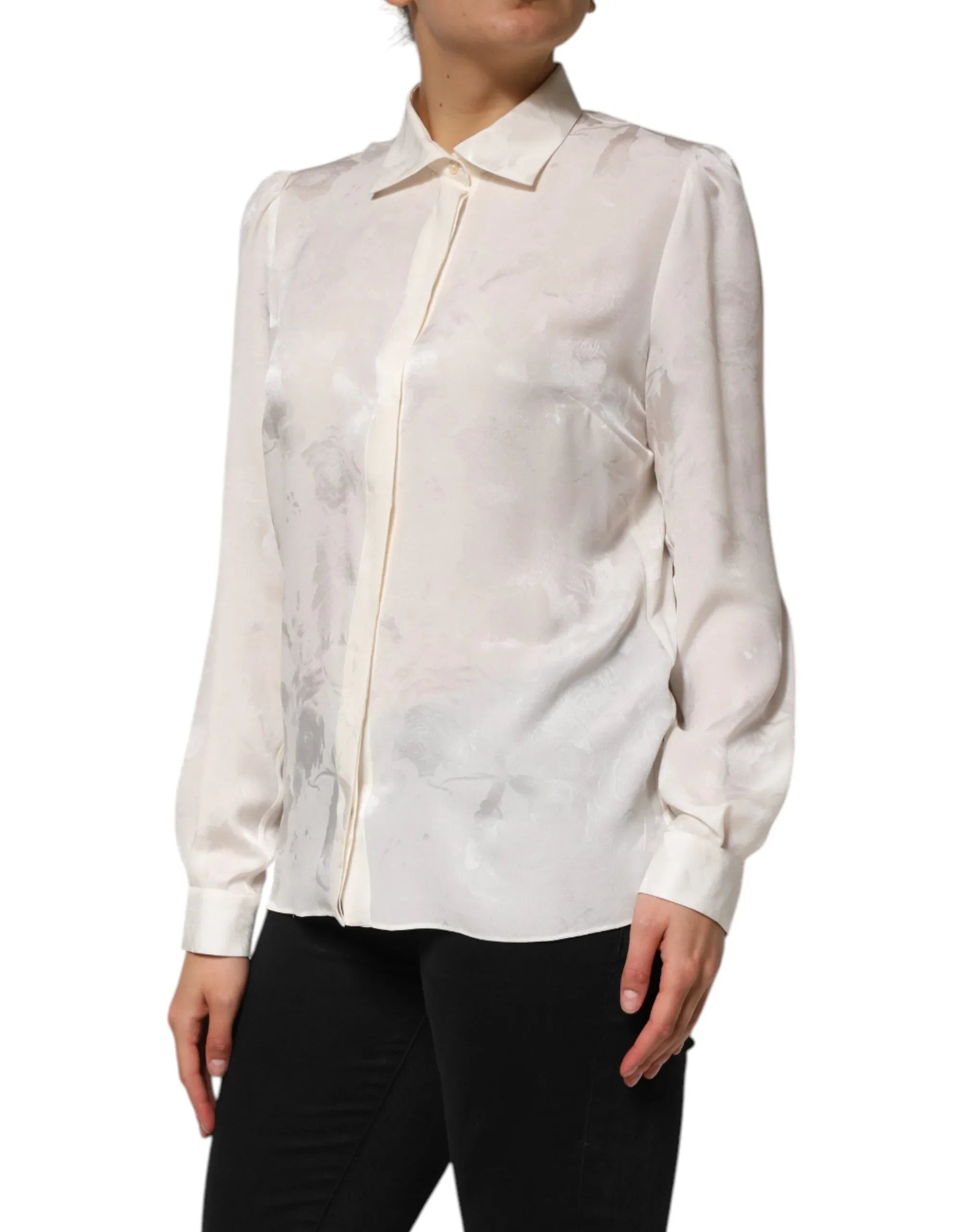 Dolce & Gabbana White Silk Long Sleeves Collared Shirt Top - Zeiniez