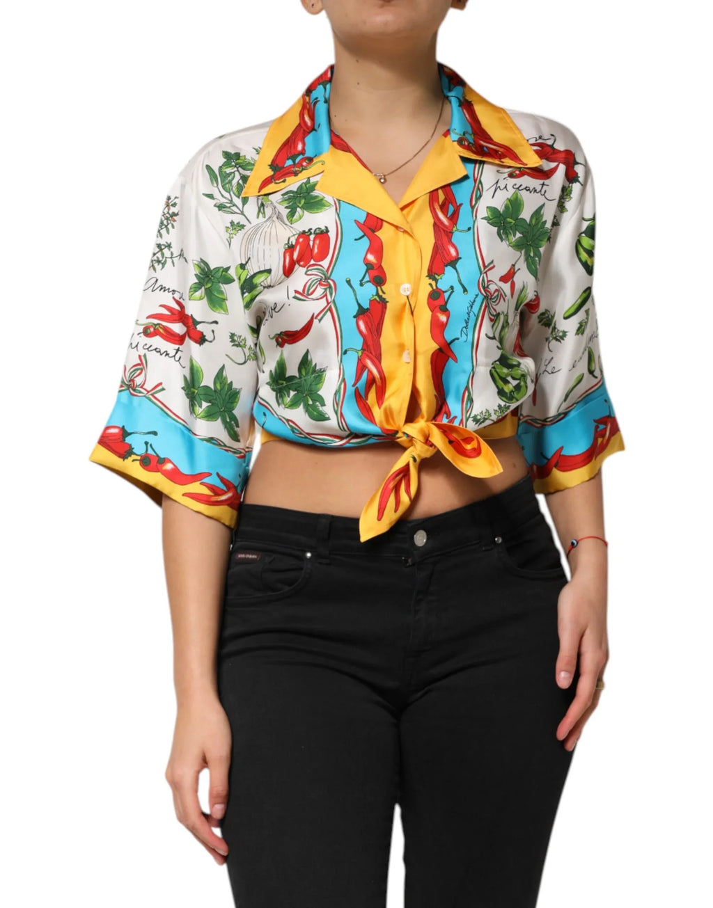 Dolce & Gabbana Multicolor Chili Silk Cropped Blouse Top - Zeiniez