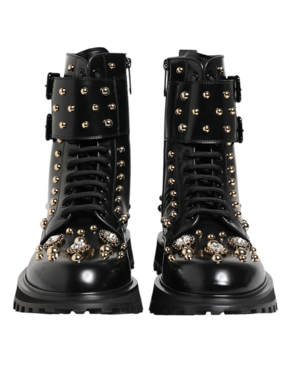 Dolce & Gabbana Black Studded Lace Up Mid Calf Boots Shoes - Zeiniez
