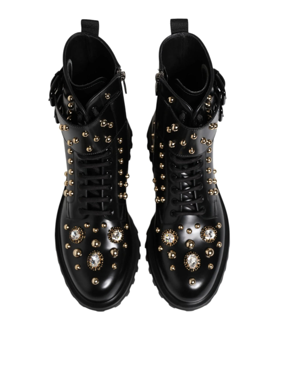 Dolce & Gabbana Black Studded Lace Up Mid Calf Boots Shoes - Zeiniez