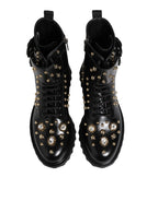 Dolce & Gabbana Black Studded Lace Up Mid Calf Boots Shoes - Zeiniez