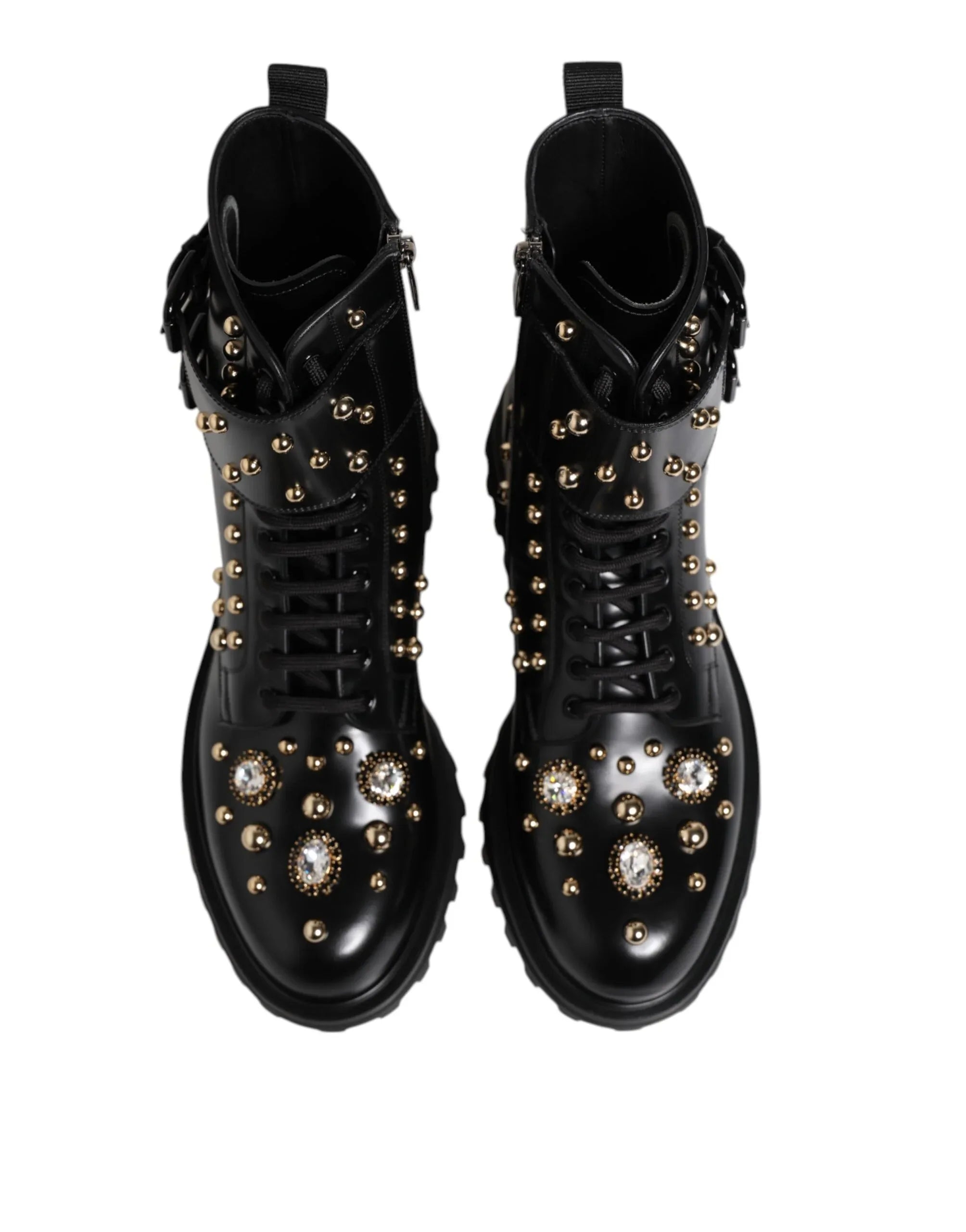 Dolce & Gabbana Black Studded Lace Up Mid Calf Boots Shoes - Zeiniez