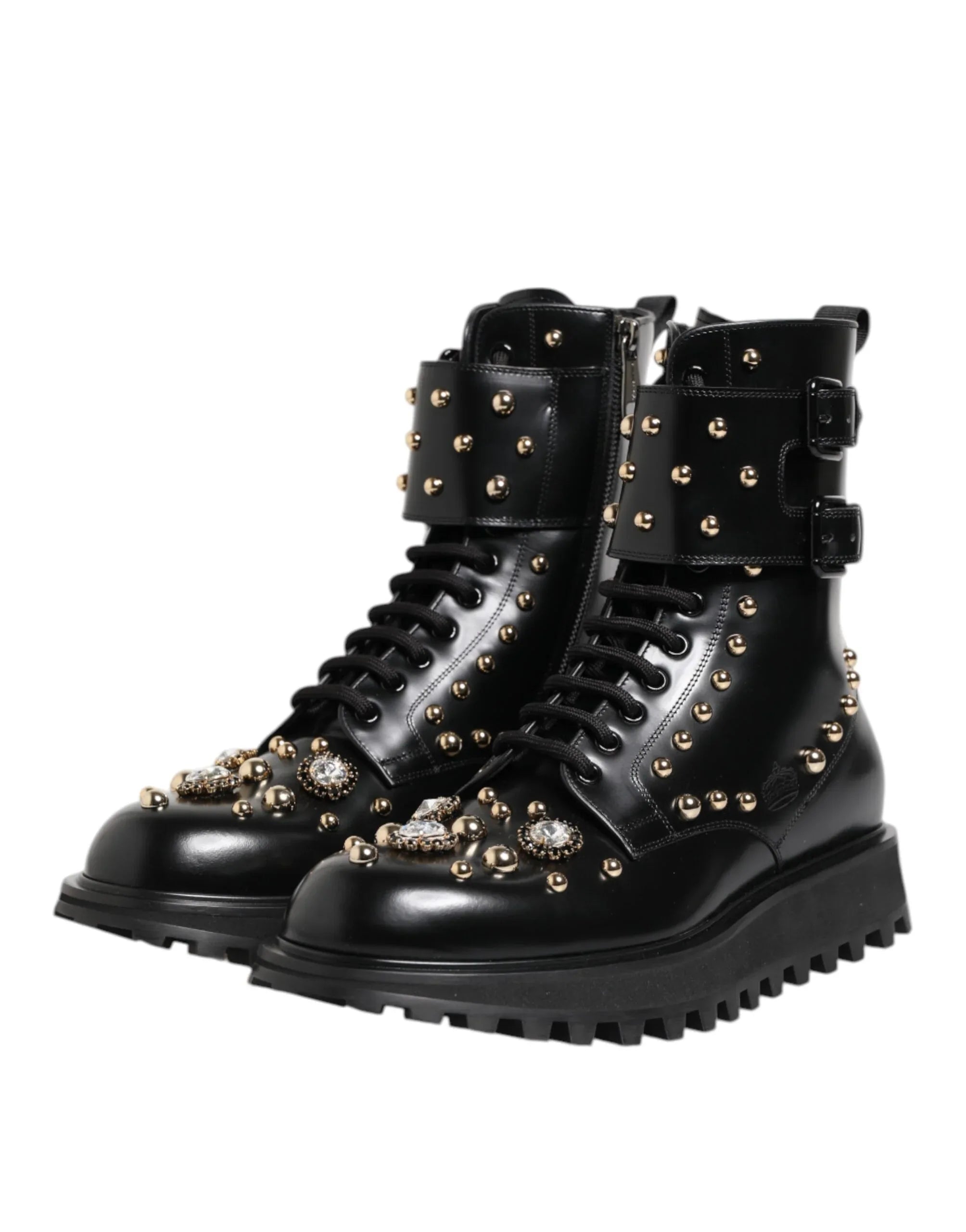 Dolce & Gabbana Black Studded Lace Up Mid Calf Boots Shoes - Zeiniez