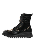 Dolce & Gabbana Black Studded Lace Up Mid Calf Boots Shoes - Zeiniez