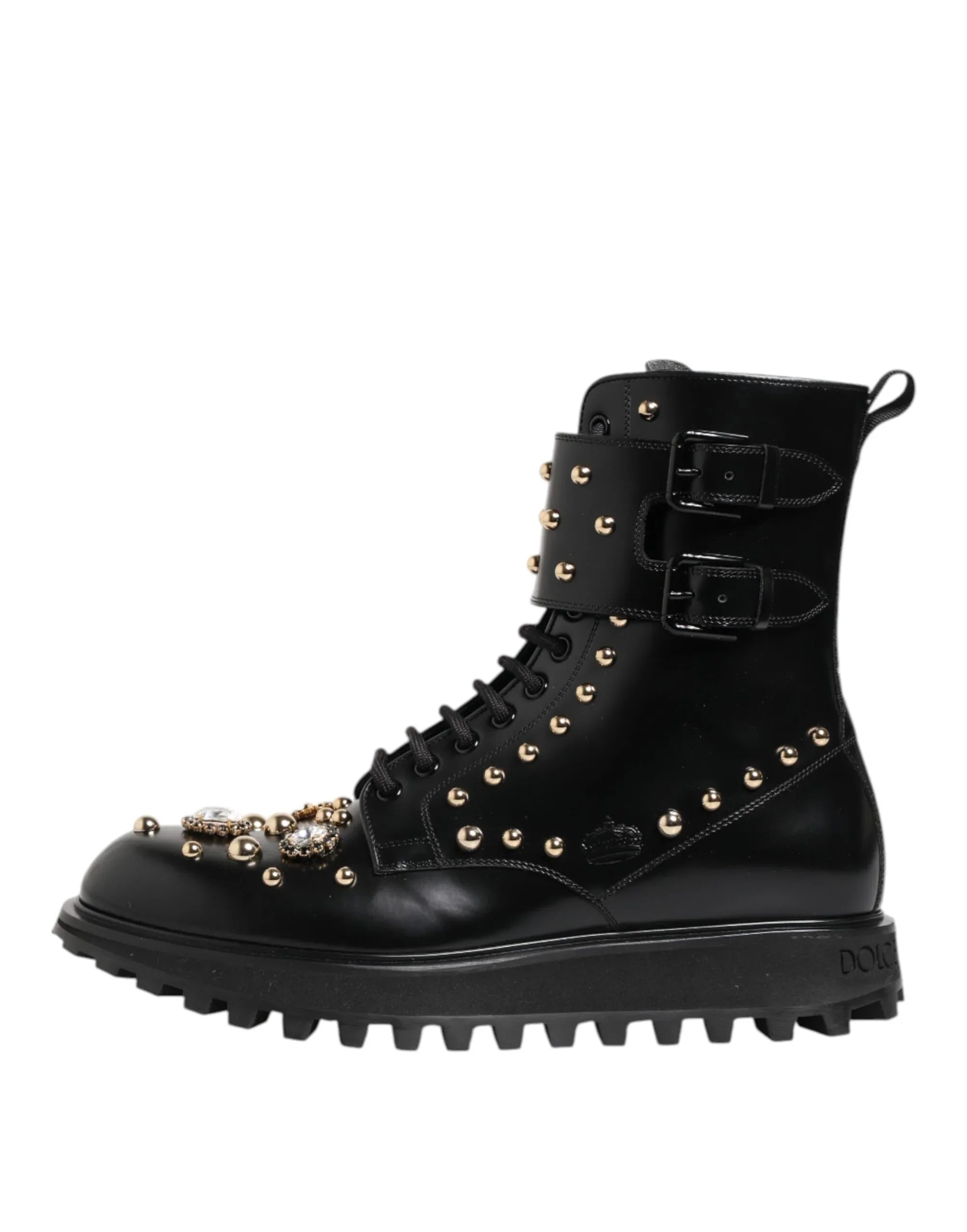 Dolce & Gabbana Black Studded Lace Up Mid Calf Boots Shoes - Zeiniez