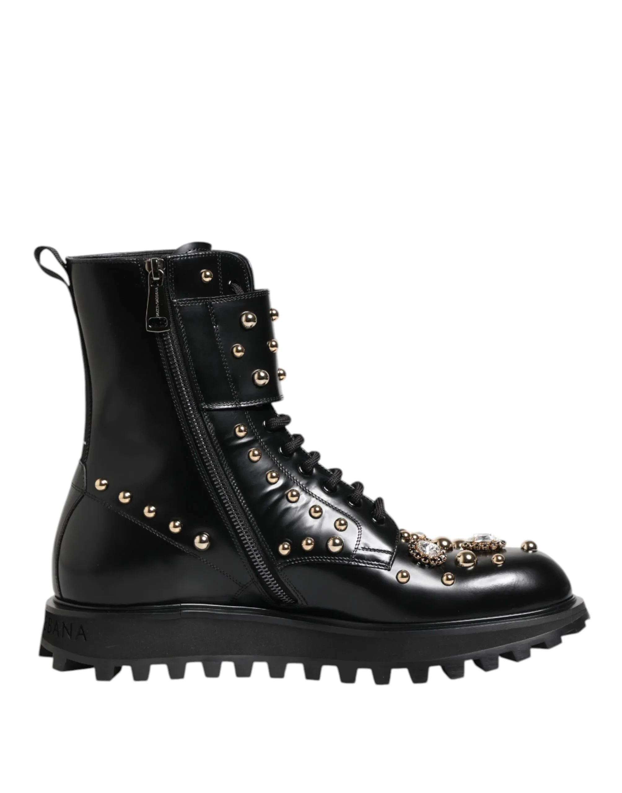 Dolce & Gabbana Black Studded Lace Up Mid Calf Boots Shoes - Zeiniez
