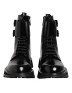 Dolce & Gabbana Black Leather Lace Up Mid Calf Boots Shoes - Zeiniez