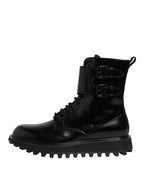 Dolce & Gabbana Black Leather Lace Up Mid Calf Boots Shoes