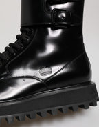 Dolce & Gabbana Black Leather Lace Up Mid Calf Boots Shoes