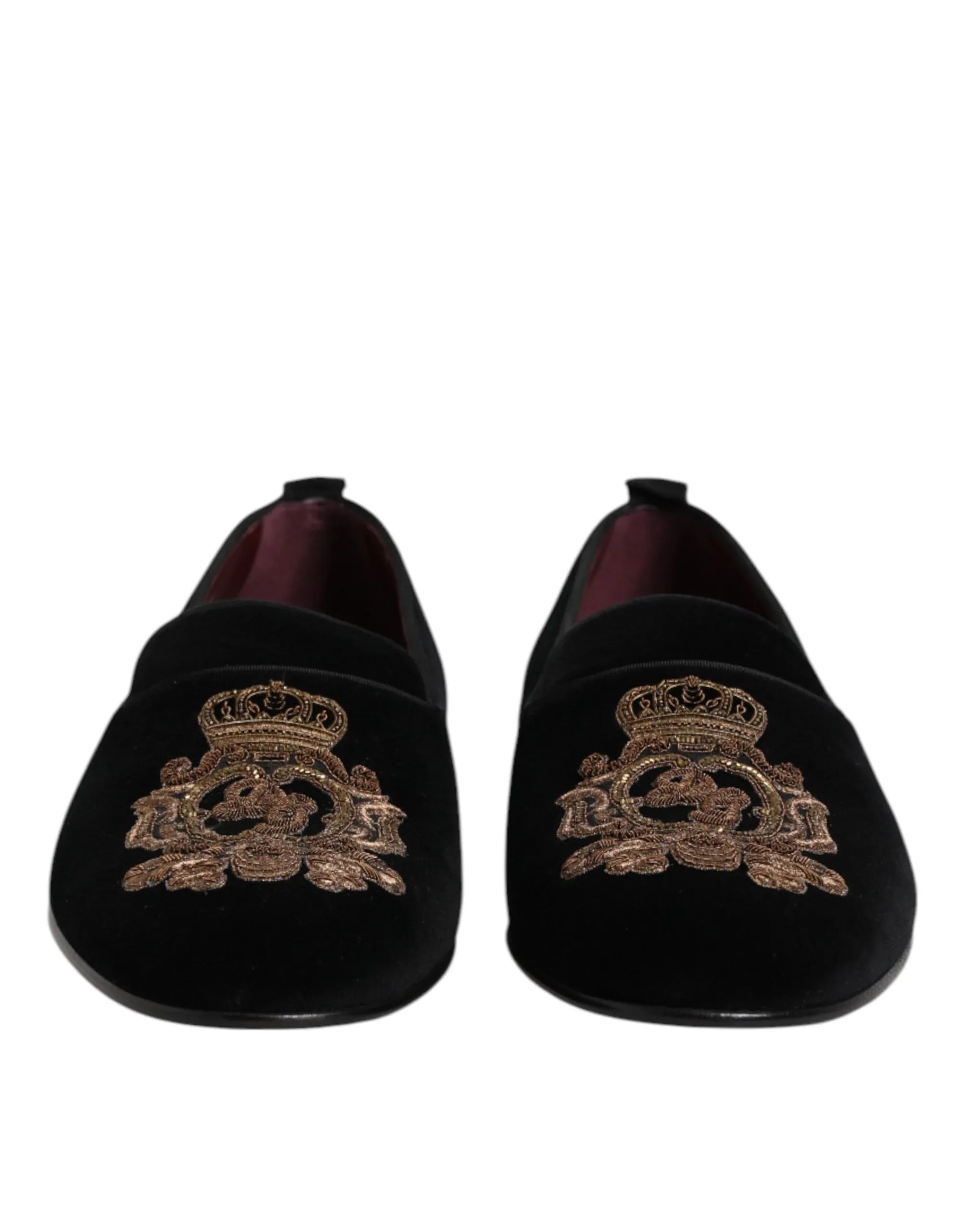 Dolce & Gabbana Black Velvet Gold Crown Mens Loafers Shoes - Zeiniez
