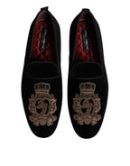Dolce & Gabbana Black Velvet Gold Crown Mens Loafers Shoes - Zeiniez
