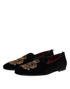 Dolce & Gabbana Black Velvet Gold Crown Mens Loafers Shoes - Zeiniez